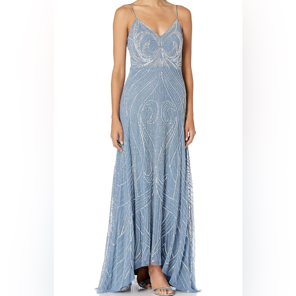 Aidan Mattox spaghetti strap beaded gown in Prussian blue